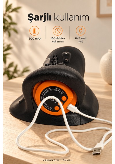 8808 Cervilux Isıtmalı Boyun Masaj Yastığı, Ems 6 Kademe, Titreşim 3 Kademe, 1500 Mah, Şarjlı - Siyah Diğer
