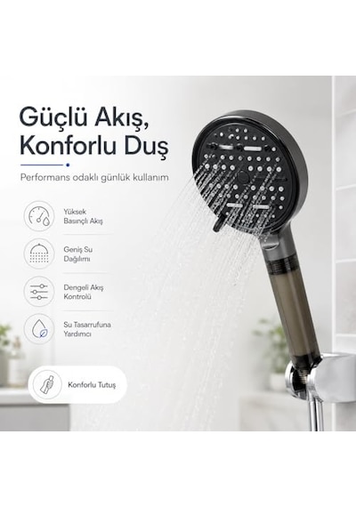 Tr Duş Başlığı Seti Antrasit Gri - Filtreli Arıtmalı El Duşu - 6 Fonksiyonlu Yüksek Basınçlı Model - 3 Yedek Diğer