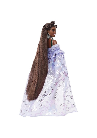 Barbie Extra Fancy Bebek ve Hayvan Dostu Mor Elbiseli Zenci Bebek