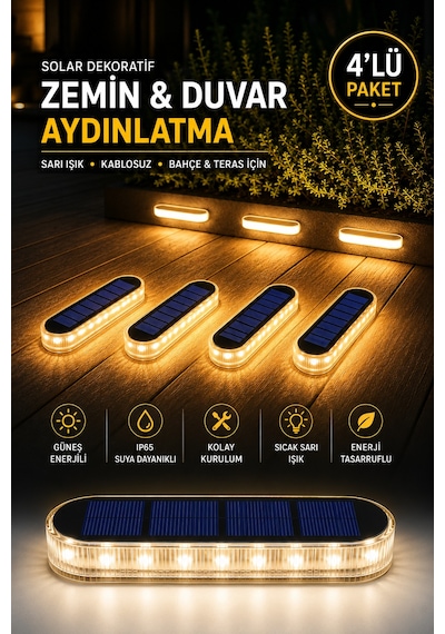 4 Adet Solar Güneş Enerjili Premium Kalite, 30 Led'li Dekoratif Zemin, Bahçe Ve Peyzaj Aydınlatma Ip68 Su Geçirmez, Sarı Işık
