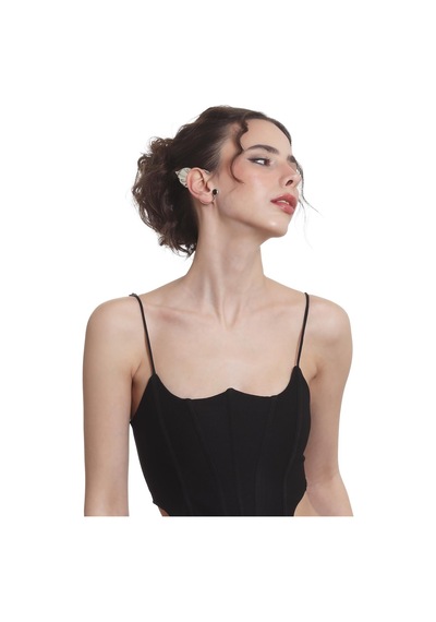 Kadın Gümüş Renk Lak Kaplama Taşlı Yaprak Stilizesi Sağ Kulak Earcuff & Kıkırdak Küpe Çok Renkli