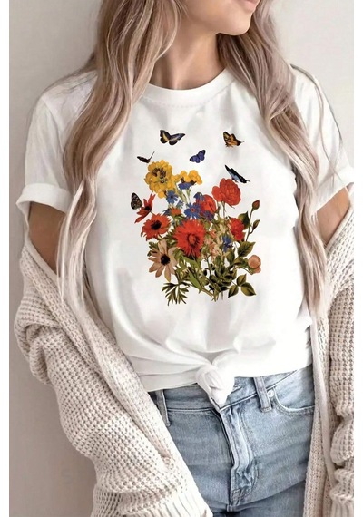 Flood Of Style Kadın Beyaz Kelebek Çiçek Baskılı Oversize