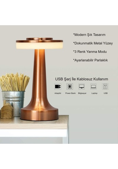 Hymark Retro Şarjlı Dekoratif Dokunmatik Metal Masa Lambası 3 Renk Mod Dim Edilebilir Diğer