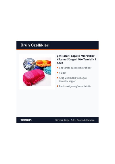 Trobus Çift Taraflı Saçaklı Mikrofiber Yıkama Süngeri Oto Temizlik 1 Adet