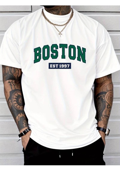 Noıssey Beyaz Erkek Beyaz Siyah Gri Oversize Boston Est 1997 Baskılı Bisiklet Yaka