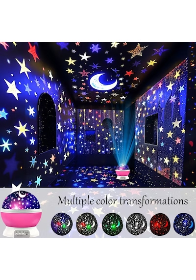 360 Dönen Yıldızlı Gökyüzü Projektör Gece Lambası Çocuk Odası Gece Lambası Usb Bağlantılı Renk Değiştiren Atmosfer Işığı Mavi/pembe/mor - Renk: Pembe