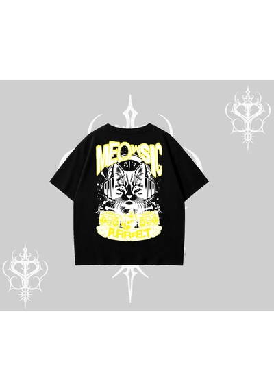 Tarzsokak Meowsic Purrfect Kedi Arka Baskılı Oversize Tshirt Siyah