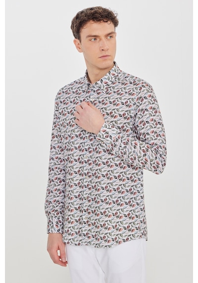 AC&Co / Altınyıldız Classics Erkek Bej Yesıl %100 Pamuk Slim Fit Dar Kesim Düğmeli Yaka Baskılı Gömlek Çok Renkli