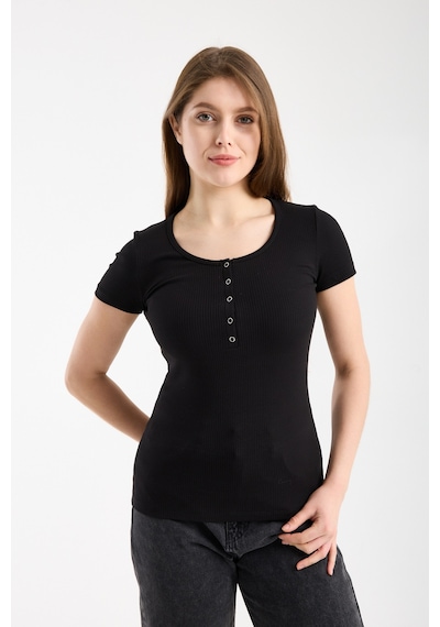 Hdm Kadın Esnek Fitilli Yakası Çıtçıtlı Siyah Kısa Kol Basic Örme Bluz - H5993-54 Siyah