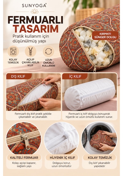 Yoga Bolster 65x22 Cm Silindir Meditasyon Minderi Kırpıntı Sünger Dolgulu Turuncu