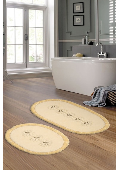 Eyfel Saçakli Banyo Takımı 2 Pcs Açik Kahve krem