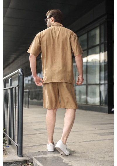 Madmext Camel Tensel Kumaş Erkek Şort Gömlek Takım E7352 Camel