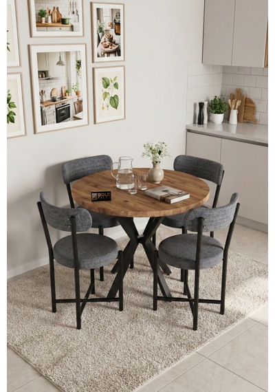 Mutfak Masası 4 Sandalyeli Set 90 Çap Yuvarlak Cafe Balkon Ofis Masa Yemek Takımı Teddy 9861 Antrast Gri