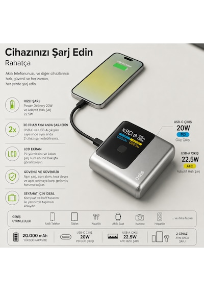 Sbs 10000 Mah Powerbank Dahili Usb-c Kablolu Lcd Ekranlı Pd 20w Hızlı Şarj Usb-a 22.5w Siyah 10.000 Mah