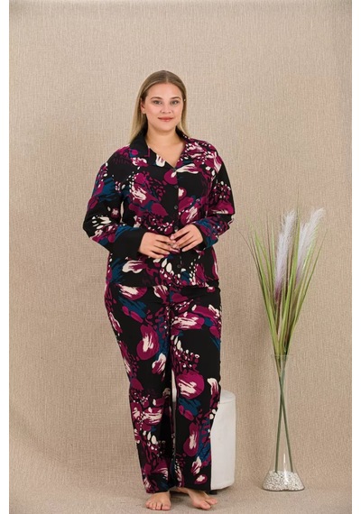 Naam Büyük Beden Renkli Desenli Düğmeli Uzun Kol Viskon Pijama Takımı Çok Renkli