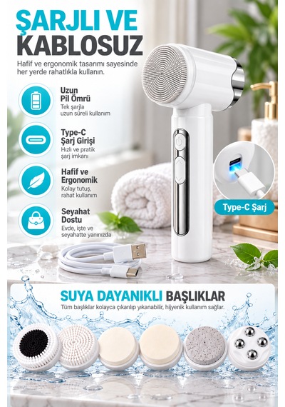 Şarjlı Elektrikli Yüz Temizleme Cihazı 6 Başlıklı 15 Kademeli Cilt Bakım Ve Masaj Aleti