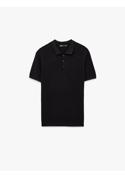 Koton Regular Fit Dokulu Pamuklu Düğmeli Polo Yaka Kısa Kollu Triko Tişört Siyah 6sam70015ht