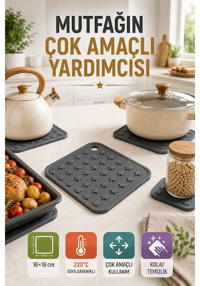 Antrasit Silikon Nihale 16x16cm Çok Amaçlı Tencere Tava Altlığı Fırın Tepsi Tutacağı Kavanoz Açacağı