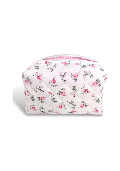 Makyaj Çantası Makeup Bag Kapitone Bakım Seyahat Kozmetik Çantası Beyaz-pembe