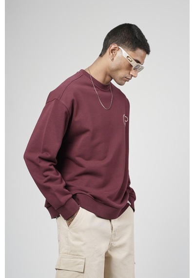 Bisiklet Yaka Baskılı Nakış Detaylı Erkek Sweatshirt Bordo
