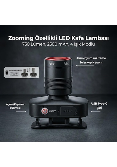 Bix Bxt1fl Şarj Edilebilir 10w Kafa Feneri 750 Lümen, 2500 Mah, 4 Işık Modlu Zooming Özellikli Led Kafa Lambas Genel