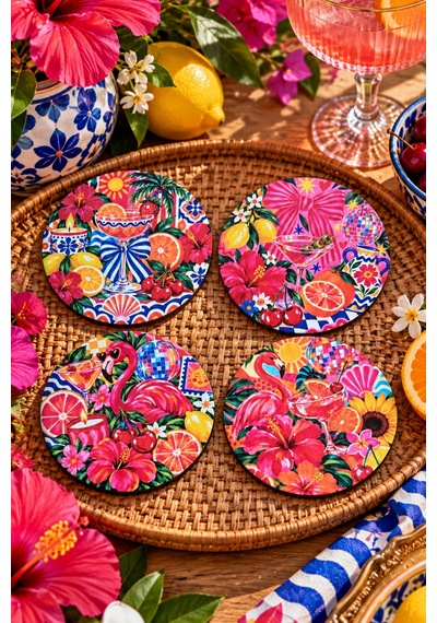 Tropical Flamingo - Tropikal Çiçek Temalı 4 Lü Bardak Altlığı Set 9 Cm, 3 Mm Ahşap Mdf, Dijital Baskı - 933741751 Diğer