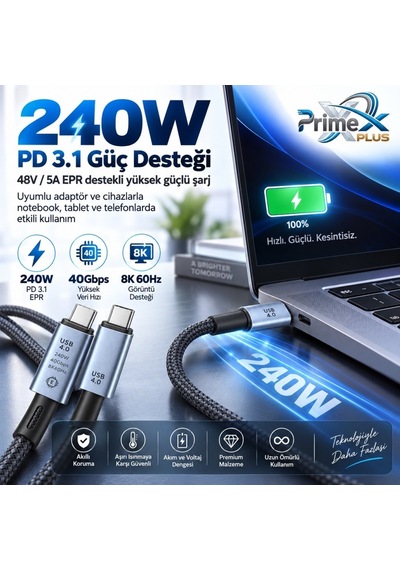 Primex Px-pd240w-2 Usb4 Type-c To Type-c Kablo 2 Metre, 240w Pd Hızlı Şarj, 40gbps Veri Aktarımı, 8k 60hz Görüntü, E-marker Çip, Thunderbolt 3/4 Uyumlu Usb-c Kablo