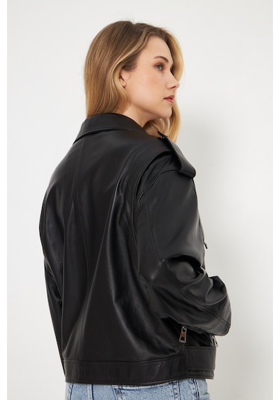 M M Marki Marki Kadın Hakiki Deri Ceket - Siyah, Kemerli, Oversize, Askılı Omuz Detaylı, 70 Cm - 116622