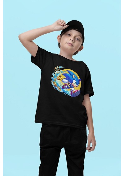 Sevbano Unisex Süper Sonic Baskılı Oyun Çocuk Tişört 1-12 Yaş Siyah
