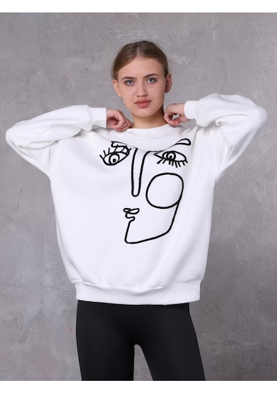 Farm Animals Face Baskılı Kadın  Sweat Kazak Beyaz