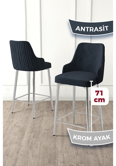Canisa Enox Serisi 1 Adet Antrasit Mutfak Bar Sandalyesi Babyface Kumaş Krom Kaplama Metal Ayak Sandalyeler Antrasit Ayaklar Krom