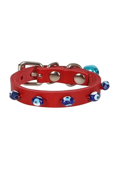 Cattie Boncuklu Deri Kedi Boyun Tasması Xsmall 1 x 14-18 CM Kırmızı