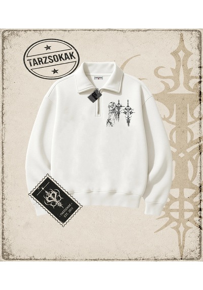 Tarzsokak Gotik & Grunge Streetwear Anime Sword Gotik Y2k Yarım Fermuarlı Sweatshirt Beyaz