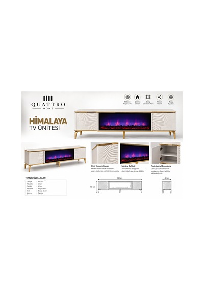 Himalaya Elektrikli Şömineli Tv Ünitesi 180 Cm Beyaz Gold Modern Tv Sehpası