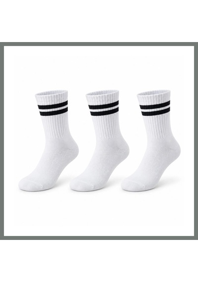 Bezos Unisex Beyaz Çorap Siyah Çizgili 3'lü Set Uzun Soket Günlük Spor Kolej Stil Rahat Kadın Erkek Çorabı Mmbz