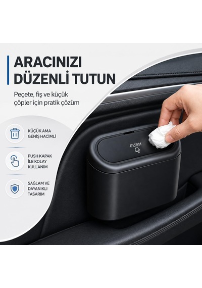 Araç İçi Kapaklı Çöp Kutusu - Portatif Taşınabilir Mini Çöp Kovası - Araba, Masaüstü, Ofis Ve Ev İçin Sı Genel