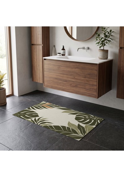 Kartela Halı Botanik Yaprak Desenli Banyo Paspası Zeytin Kaymaz Taban Makinede Yıkanabilir 50x75 Cm Yeşil Zeytin