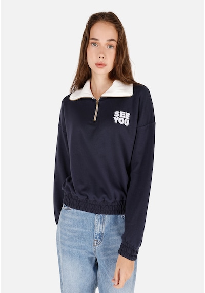 Colins Normal Kesim Fermuarlı Dik Yaka Baskılı Lacivert Kadın Sweatshirt Cl1069985 Lacivert