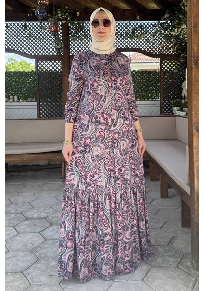 Rabia Şamlı Rengin Şal Desenli Gömlek Elbise Pembe Normal