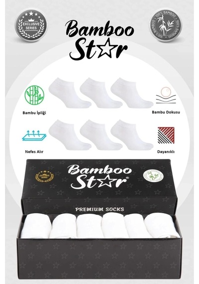 Bamboo Star Bambu Erkek Patik Düz Beyaz Çorap Dikişsiz Premium Kutulu 6'lı