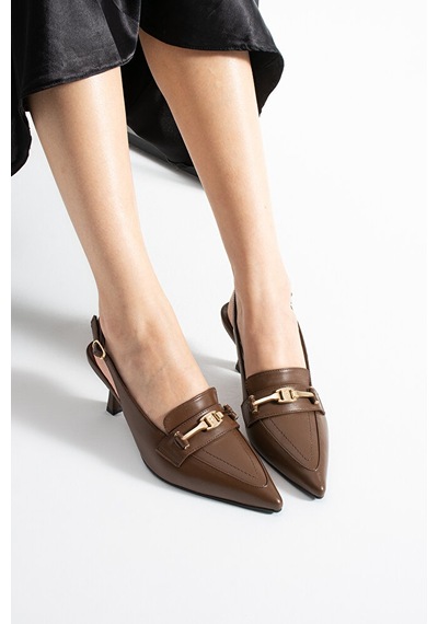Dericia Shoes Infinity Hakiki Deri Kadın İnce Topuklu Arka Açık Ayakkabı Kahverengi