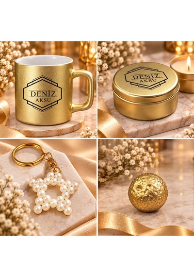 Bk Gift Kişiye Özel İsimli Gold Kahve Fincanı & Mum & Mdf Altlıklı Dekor & Anahtarlık - Hediye Kutulu Gold Set-3