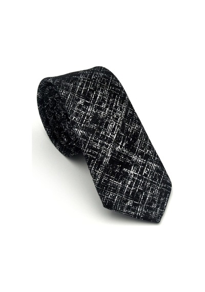 Gaffy Beyaz Kırcıl Desenli Siyah Dokuma Kumaş Mendilli Slim Fit Kravat // Sdk-2610-1 Siyah