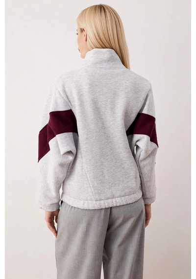 Benerly Kadın Dik Yaka Fermuarlı Düşük Kol Örme Sweatshirt Fonksiyonel Da Bordo