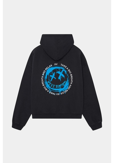 Unisex Siyah Kapüşonlu Sweatshirt - Mavi Baskılı Oversize Hoodie Siyah