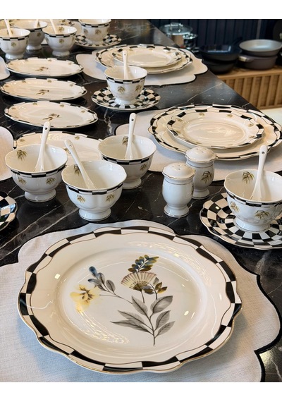48 Parça Porselen Black Flower Kahvaltı Seti-5407 Siyah
