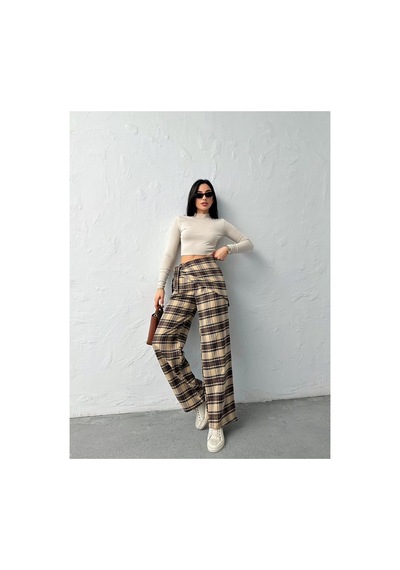 Blackpera Bersh Model Ekose Desen Bel Fular Detaylı Pantolon Bej