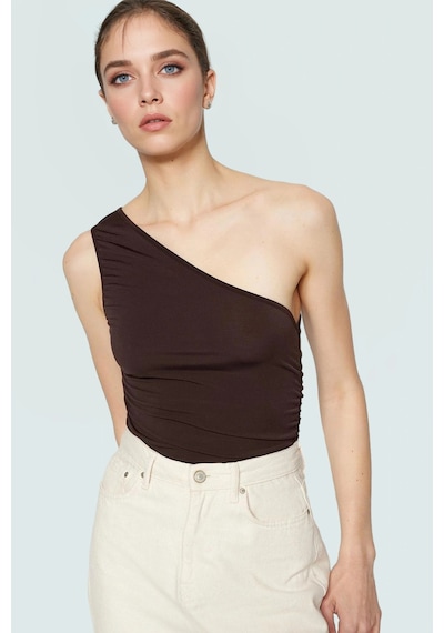 Ersefa Fitted Tek Omuz Bluz Esnek Örme Crop Boy Modern Stil Premium Kali Kahverengi