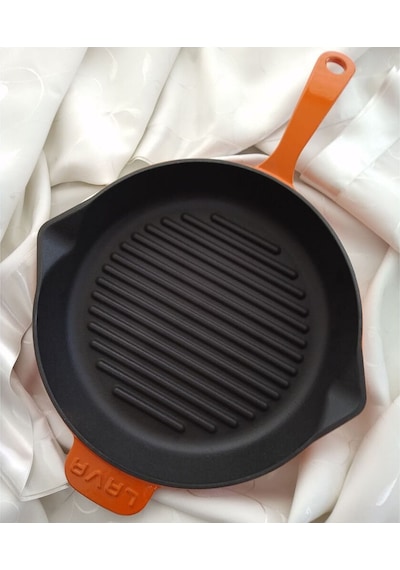 Lava Döküm Yuvarlak Izgara Tava Çap Ø 28cm. Döküm Demir Yekpare Saplı - Turuncu Turuncu
