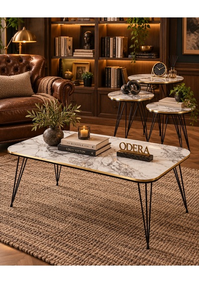 Odera Efes Beyaz Mermer Desenli Orta Sehpa Ve Yuvarlak Zigon Sehpa 4'lü Set Siyah Tel Metal Ayaklı Retro Modern Salon Sehpası Diğer